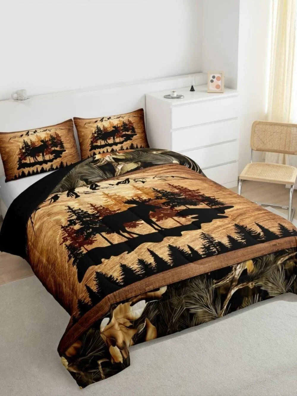 Jungle Cabin Comforter Set,Moose Animal Pine Trees Bedding Sets for Kids Teens A